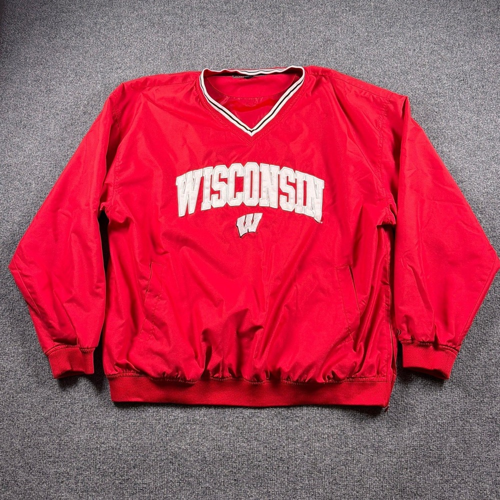 Vintage Pro Player Windbreaker Mens XL Red Wisconsin Badgers V-Neck Side Zip